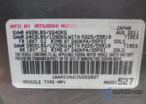 2012 Mitsubishi Outlander Se from USA, damaged, VIN JA4AS3AW1CU002897